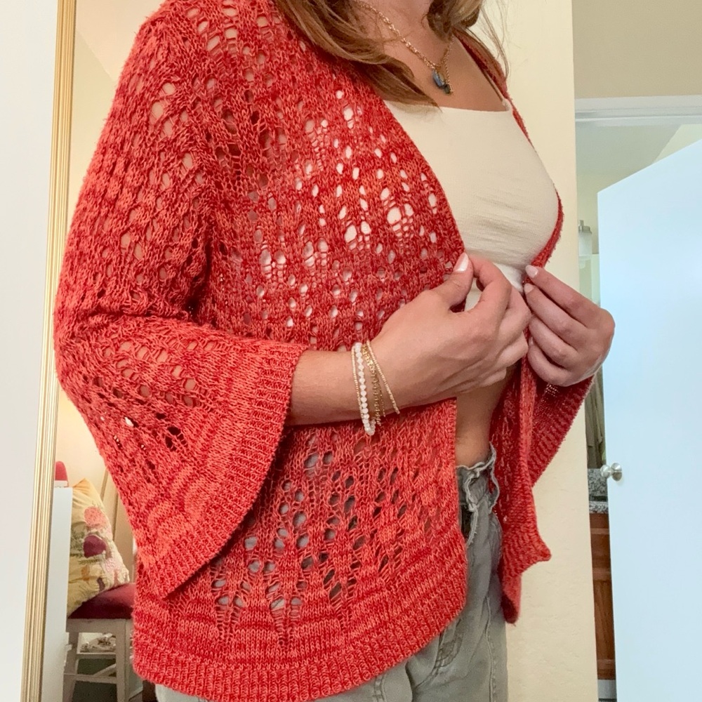 American Vintage Red Cardigan with Intricate Knit Design